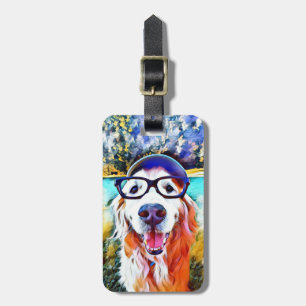 Vibrant Golden Retriever Nerd Glasses Painting Luggage Tag