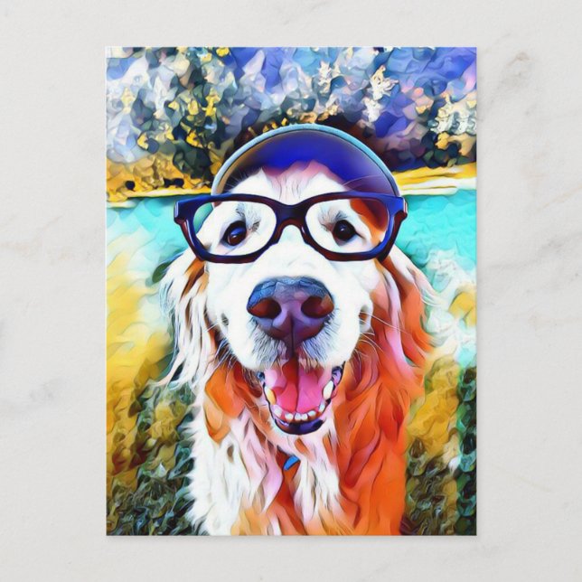Vibrant Golden Retriever Nerd Glasses Painting Postcard (Front)