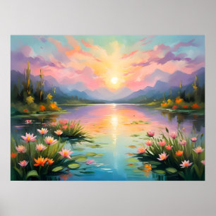 Vibrant Golden Sunset Over Tranquil Lake Poster