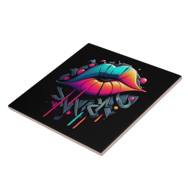 Vibrant Graffiti-Style Colourful Lips Ceramic Tile (Side)