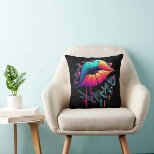 Vibrant Graffiti-Style Colourful Lips Cushion