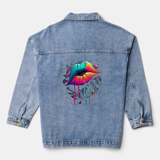 Vibrant Graffiti-Style Colourful Lips Denim Jacket (Back)