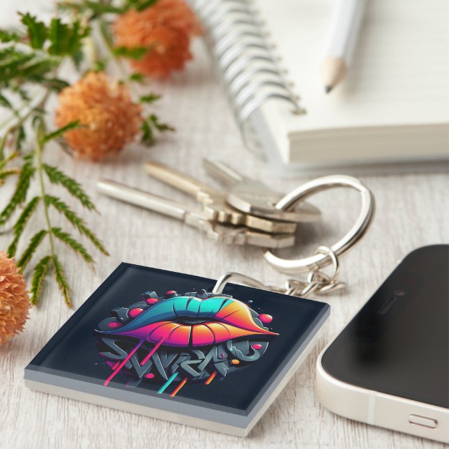 Vibrant Graffiti-Style Colourful Lips Key Ring (Front Right)