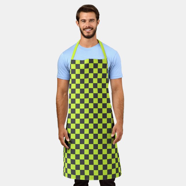 Vibrant Green and Grey Chequered Pattern Apron (Worn)