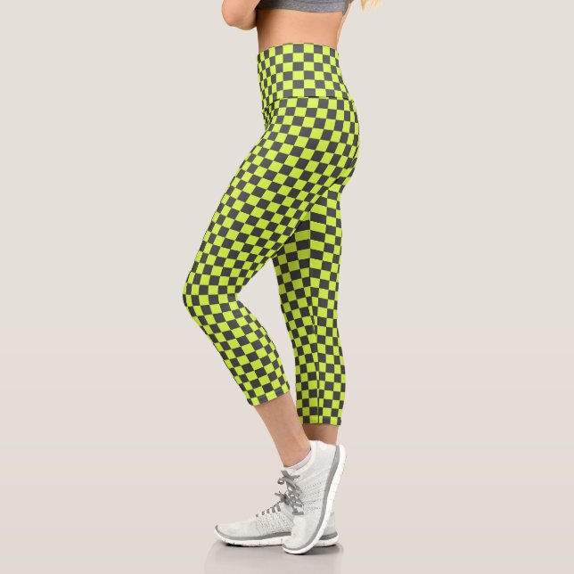 Vibrant Green and Grey Chequered Pattern Capri Leggings (Left)