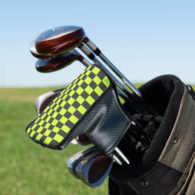 Vibrant Green and Grey Chequered Pattern Golf Head Cover (In Situ)