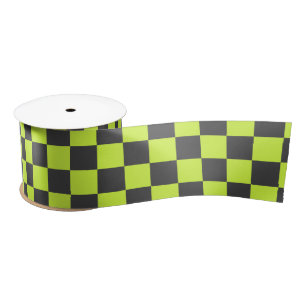Vibrant Green and Grey Chequered Pattern Satin Ribbon