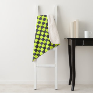 Vibrant Green and Grey Chequered Pattern Sherpa Blanket