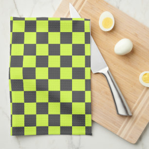 Vibrant Green and Grey Chequered Pattern Tea Towel