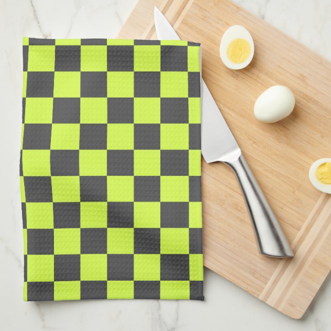 Vibrant Green and Grey Chequered Pattern Tea Towel (Quarter Fold)