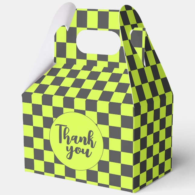 Vibrant Green and Grey Chequered Pattern Thank You Favour Box (Front)