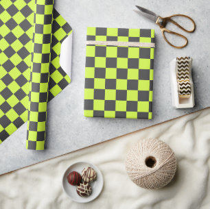 Vibrant Green and Grey Chequered Pattern Wrapping Paper