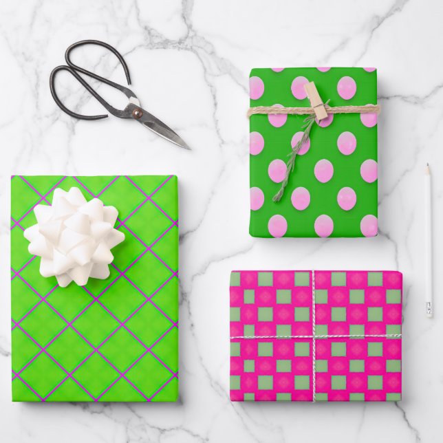 Vibrant Green and Pink Varied Geometric Pattern  Wrapping Paper Sheet (Front)