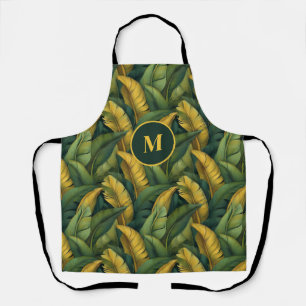 Vibrant Green Banana Foliage Pattern Monogramed Apron