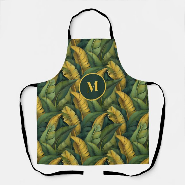 Vibrant Green Banana Foliage Pattern Monogramed Apron (Front)