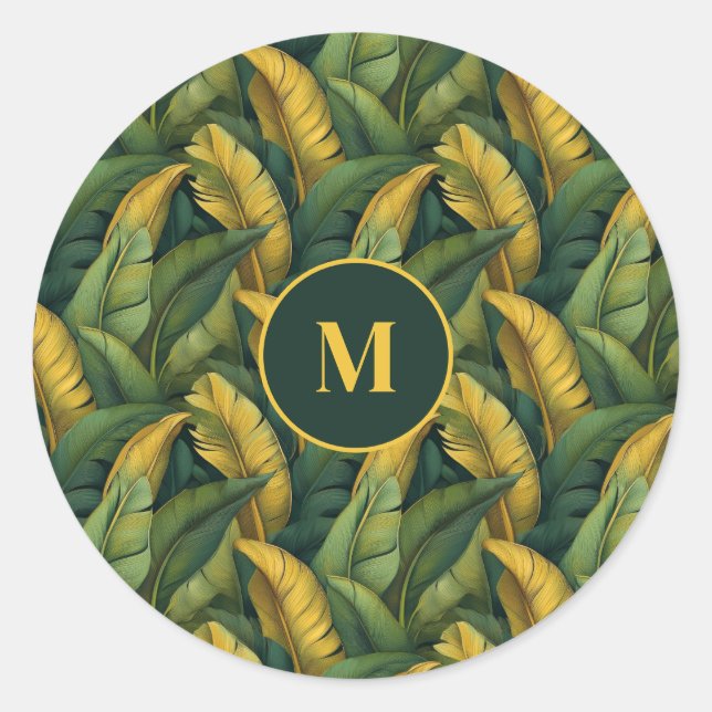 Vibrant Green Banana Foliage Pattern Monogramed Classic Round Sticker (Front)