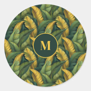 Vibrant Green Banana Foliage Pattern Monogramed Classic Round Sticker