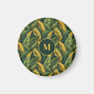 Vibrant Green Banana Foliage Pattern Monogramed Magnet