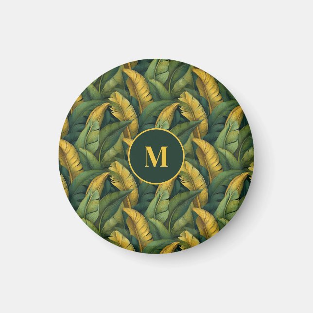 Vibrant Green Banana Foliage Pattern Monogramed Magnet (Front)