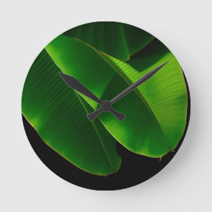 Vibrant Green Banana Leaf Tropical Closeup Round Clock