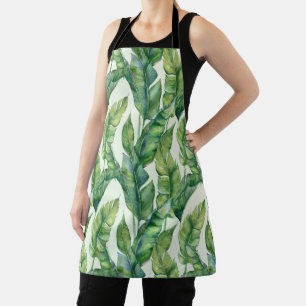 Vibrant Green Banana Leaves Watercolor Pattern Apron