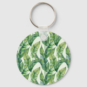 Vibrant Green Banana Leaves Watercolor Pattern Key Ring