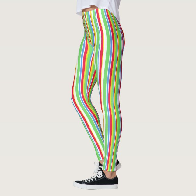 Vibrant Green Blue Red Yellow Striped Leggings (Left)