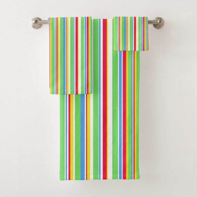 Vibrant Green Blue Red Yellow Striped Towel Set (Insitu)
