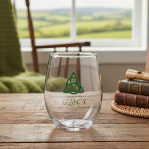 Vibrant Green Celtic Trinity Knot Family Name Stemless Wine Glass