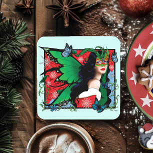 Vibrant Green Fantasy Masquerade Fairy Christmas Coaster