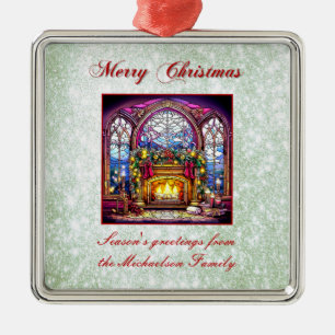 Vibrant Green Glitter Stained Glass Cosy Fireplace Metal Ornament