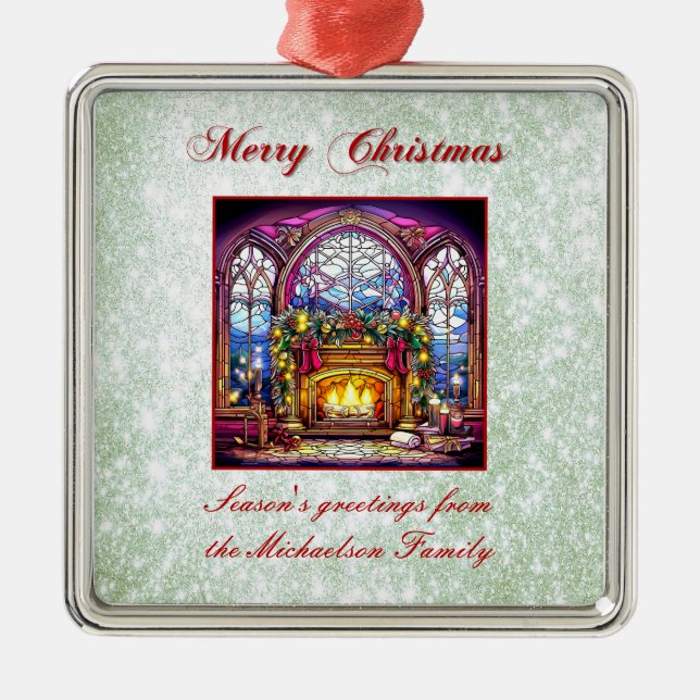 Vibrant Green Glitter Stained Glass Cosy Fireplace Metal Ornament (Front)