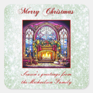 Vibrant Green Glitter Stained Glass Cosy Fireplace Square Sticker