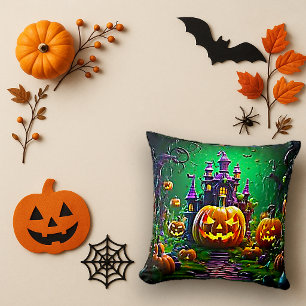 Vibrant Green Halloween Castle Pumpkin Art Cushion