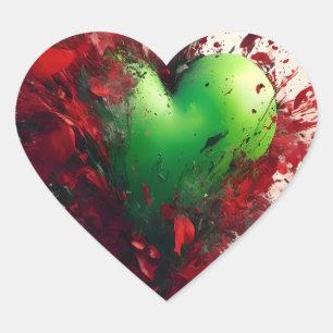 Vibrant Green Heart With Scattered Red Petals Sticker