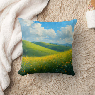 Vibrant Green Hills & Yellow Flowers Landscape Ar Cushion