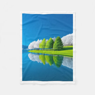 Vibrant Green Lakeside Trees Fleece Blanket