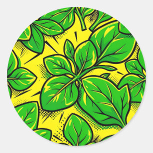 Vibrant Green Leaves Pop Art Pattern Classic Round Sticker