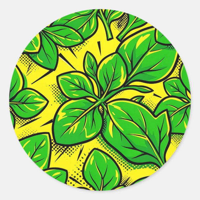 Vibrant Green Leaves Pop Art Pattern Classic Round Sticker (Front)
