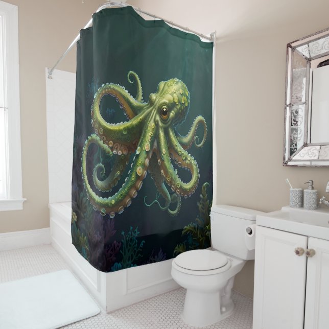 Vibrant Green Octopus Underwater Sea Life bathroom Shower Curtain (In Situ)