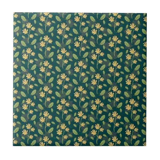 Vibrant Green Pattern with Yellow Flowers & Leaves Ceramic Tile (Front)