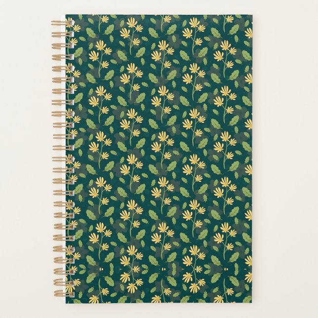 Vibrant Green Pattern with Yellow Flowers & Leaves Planner (Front)