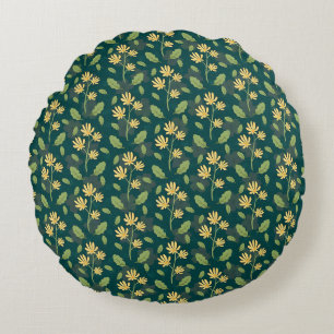 Vibrant Green Pattern with Yellow Flowers & Leaves Round Cushion