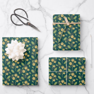 Vibrant Green Pattern with Yellow Flowers & Leaves Wrapping Paper Sheet