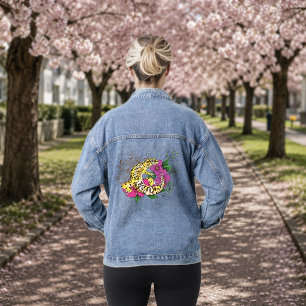 Vibrant Green Playful Leopard Gecko Floral Denim Jacket