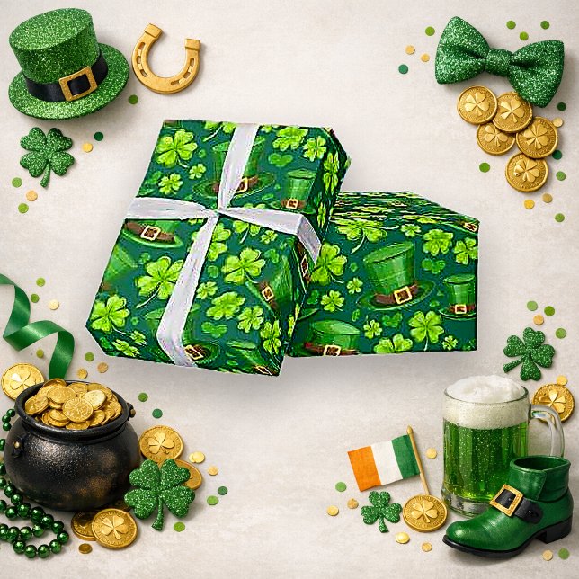 Vibrant Green Shamrock Leprechaun Pattern Art Wrapping Paper (Creator Uploaded)