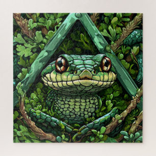 Vibrant Green Snake Among Thick Leaves Jigsaw Puzzle