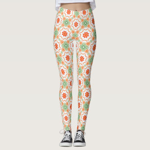 Vibrant Green & Terracotta Floral Diamond Pattern Leggings