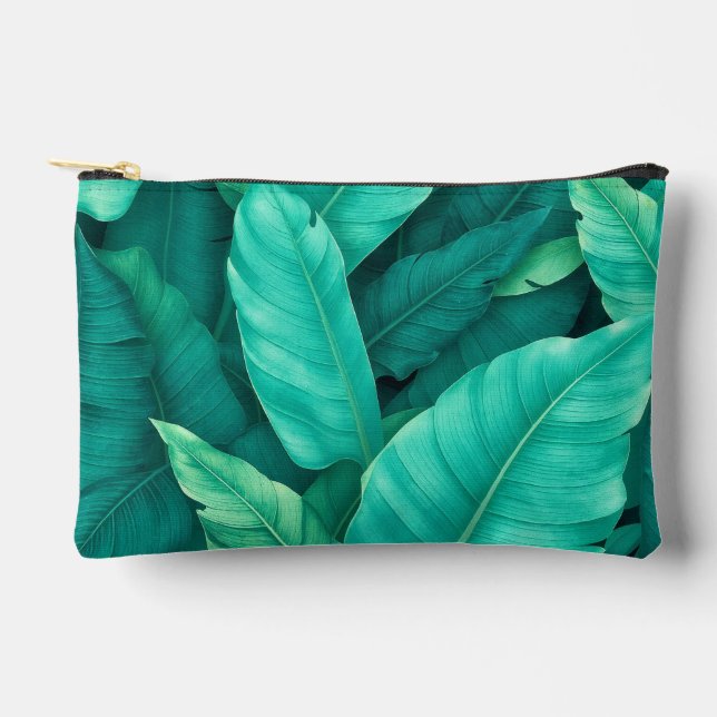 Vibrant Green Tropical Banana Leaves Pattern Accessory Pouch (Front)