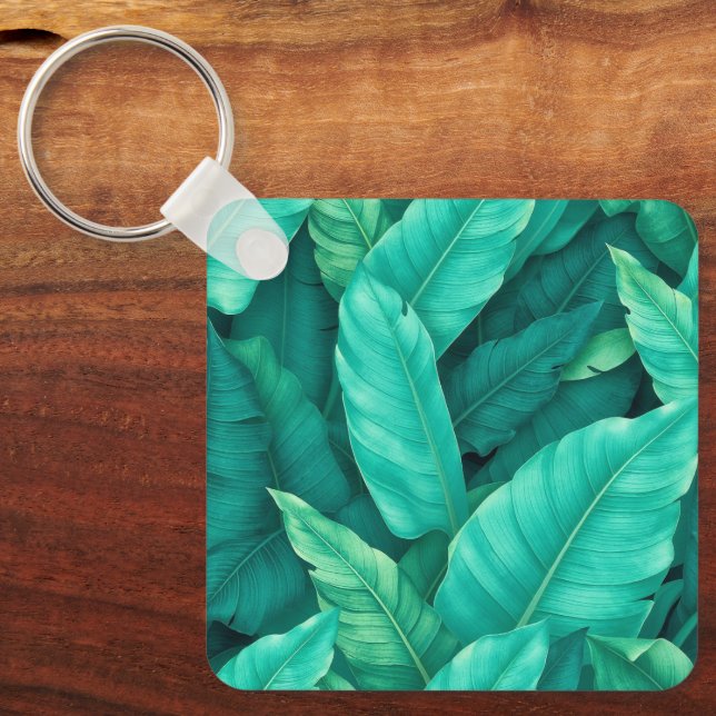 Vibrant Green Tropical Banana Leaves Pattern Key Ring (Front)